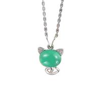 S925 Sterling Silver Necklace Inlaid with Nephrite White Jade Jasper Cat Pendant Female
