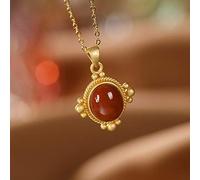 S925 Sterling Silver Necklace Women's Gold Plated Southern Red Agate Pendant Classic Simple Palace National Wind Fashion Exquisite Gift, LJBLEUSK