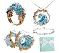 S925 Sterling Silver Ocean's Oath Jewelry, Ocean's Oath Jewelry Set, Silver/Gold Adjustable Ocean's Oath Earring/Necklace/Ring/Bracelet, Ocean Series Jewelry Set for Women Girls (Set, Silver)