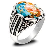 S925 Sterling Silver Oval Sky Blue Stone Declaration Turquoise Men's Ring Turkiye Retro Carving National Design Handmade Jewelry Gemstone Valentine's Day Anniversary Birthday Gift, Metal, Blue Agate