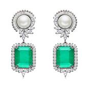 S925 Sterling Silver Post Emerald Green Pink Crystal Drop Pendle Earrings for Women Wedding Bridal Crystal Emerald Cut Cubic Zirconia Pendle Earrings, breit, Copper, Cubic Zirconia