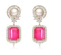 S925 Sterling Silver Post Emerald Green Pink Crystal Drop Pendle Earrings for Women Wedding Bridal Crystal Emerald Cut Cubic Zirconia Pendle Earrings, breit, Copper, Cubic Zirconia