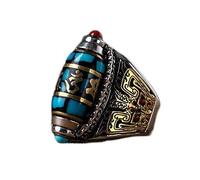 S925 Sterling Silver Rotating Rings For Women/Man Buddhist Tibetan Prayer Wheel Ring,Carving Pixiu Lucky God Beast,Om Mantra Ring Good Luck Men/Lady,Inlaid Red Agate + Turquoise-Six word proverbs Adju