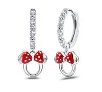 S925 Sterling Silver Shinny CZ Red Dropper Mouse Hoop Earrings Hollowed Out Mouse Bow Huggie Fashionable Cute Exquisite Small Animal Earrings For Women Wife Girlfriend Wedding Birthday, Sterling