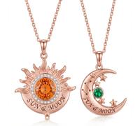 S925 Sterling Silver Sun and Moon Customized Couple's Rose Gold Necklace Set, set with Two Birthstones Pendant, Engraved Two Names Necklace, a Matching Jewelry Gift Suitable for Both Men and Women