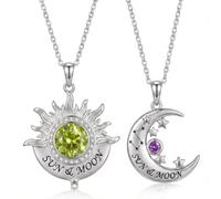 S925 Sterling Silver Sun and Moon Customized Couple's White Gold Necklace Set, set with Two Birthstones Pendant, Engraved Two Names, A Matching Jewelry Gift Suitable for Both Men and Women