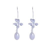 S925 Women's Eardrop Earrings Four Petal Brushed Silver Earrings Simple Creative Fashion Ancient Style Natural Pearl Medium ear Hook ea, LJBLEUSK