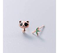 S925 Women's Silver Earrings Korean Style Cute Fashion Asymmetric Panda Earrings Soft Pink Bamboo, LJBLEUSK