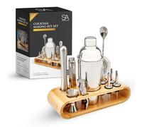 SA Products 12 Piece Cocktail Shaker Set - Stainless Steel Cocktail Accessories - Bartender Kit with Drink Shaker, Jigger, Spoon, Strainer, Corkscrew, Ice Tongs, Pestle, Pourers, Bamboo Display Stand