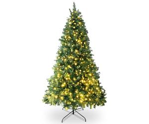 SA Products 7ft Pre-Lit Artificial Christmas Tree - 1,560 Alaskan Pine Tips - Christmas Tree with 600 Vibrant LED Lights, 8 Lighting Modes & Timer, Slim PVC Xmas Tree for Small Spaces & Holiday Decor