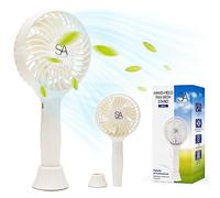 SA Products Handheld Fan with 3 Speeds | 3000 mAh USB Rechargeable Portable Mini Fan with Stand | Desk & Handheld Use - White