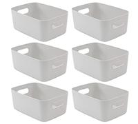 SA Products Set of 6 Storage Box - Grey Storage Boxes With Handle - Stackable & Minimalist Rectangular Plastic Storage Baskets - Stylish Cupboard Organiser For Kitchen, Home, Office and Bathroom
