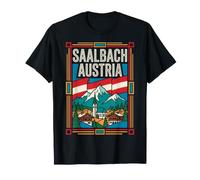 Saalbach Austria Flag Alpine Village Church Mountains Retro T-Shirt