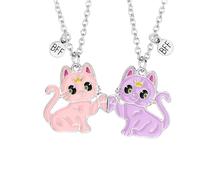 Saalort Best Friend Necklace for 2, Magnetic Sweet Cat Pendant Friendship BFF Birthday Gift for Women, Zinc, Cubic Zirconia