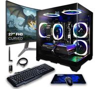 SAAV CORE Prebuilt Gaming PC Bundle Desktop Tower AMD Ryzen 5 5500 GeForce RTX 3050 6GB GDDR6 Curved 27in Monitor 16GB DDR4 512GB NVMe SSD WiFi 6 Windows 11 Black RGB Computer PC Gaming