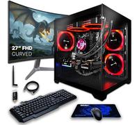 SAAV CORE Prebuilt Gaming PC Bundle Desktop Tower AMD Ryzen 7 5800X GeForce RTX 5060 8GB GDDR6 Curved 27in Monitor 32GB DDR4 1TB NVMe WiFi 6 Windows 11 AIO Liquid Cooled Computer PC Gaming Black