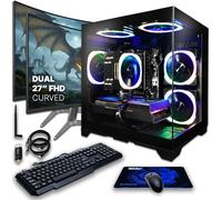SAAV CORE Prebuilt Gaming PC Bundle Desktop Tower AMD Ryzen 7 5800X GeForce RTX 5060 8GB GDDR6 Dual Curved 27in Monitors 16GB DDR4 512GB NVMe SSD WiFi 6 Windows 11 Black RGB Computer PC Gaming