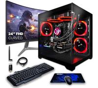 SAAV CORE Prebuilt Gaming PC Bundle Desktop Tower AMD Ryzen 7 5800X Radeon RX 9060 XT 8GB GDDR6 Curved 24in Monitor 32GB DDR4 1TB NVMe WiFi 6 Windows 11 AIO Liquid Cooled Computer PC Gaming Black