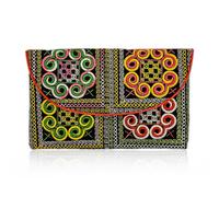 Sabai Jai Embroidered Magnet Snap Clutch Envelope Wallet for Women - Cute Colorful Ethnic Boho Accessory Organizer Money Holder Bag, Bold Spiral, Bohemian