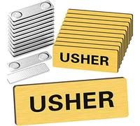 Sabary 10 Pcs Magnetic Usher Name Tag for Church Acrylic Usher Badge Name Tag with Magnet Reusable Badge Bulk for Uniform Clothes Church Gatherings, 1 x 3 Inch, Round Corners (Gold Black)