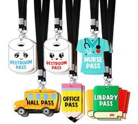 Sabary 12 Sets Hall Pass Lanyards and School Passes Unbreakable Wooden Bathroom Passes for Classrooms Hall, Restroom, Library, Office and Nurse School Teacher Supplies Gift (Cute Style)