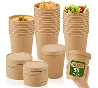 Sabary 50 Pack 20 oz Paper Soup Containers with Lid Disposable Kraft Soup Food Bowl Microwavable Food Storage Ice Cream Containers Nice for Restaurants(Brown)
