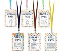 Sabary 6 Sets Hall Pass Lanyards and School Passes Set Unbreakable Wooden Bathroom Passes for Classrooms Hall, Restroom, Library, Office and Nurse School Teacher Supplies Gift (Boho Color)