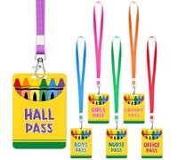 Sabary 6 Sets Wooden Hall Passes for Classrooms Bathroom Passes Lanyards Classroom Must Haves for Restroom, Library, Office and Nurse School Teacher Supplies Gift(Classic,Crayons)