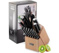 Sabatier 13pce Kitchen Knife Block Set - 5 Premium Knives, 6 Steak Knives, Scissors & Sharpening Steel, Beech Wood Block, Full Tang Chrome Molybdenum Vanadium Stainless Steel Blades, 25 Year Guarantee