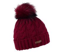 SABBOT Classic Women's Hat with Fur Pom-Pom, Fleece Lining, Winter Hat, Knitted Pattern, Warm Cap with Collar, Burgundy red, Einheitsgröße-L