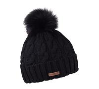 SABBOT Classic Women's Hat with Fur Pom-Pom, Fleece Lining, Winter Hat, Knitted Pattern, Warm Cap with Collar, black, Einheitsgröße-L