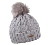 SABBOT Classic Women's Hat with Fur Pom-Pom, Fleece Lining, Winter Hat, Knitted Pattern, Warm Cap with Collar, lightgrey, Einheitsgröße-L