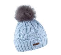 SABBOT Classic Women's Hat with Fur Pom-Pom, Fleece Lining, Winter Hat, Knitted Pattern, Warm Cap with Collar, lightblue, Einheitsgröße-L