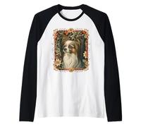 Sable White Papillon Dog Vintage Floral Raglan Baseball Tee