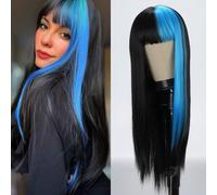 Sabosi Long Blue Black Hair Synthetic Wigs with Bangs Long Straight Hair Wig Cosplay Wig Split Color Synthetic Wigs Heat Resistant Fiber Costume Halloween Party Wigs for Women…