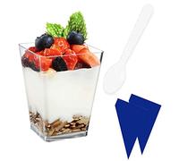 SABR 25 Dessert Cups + 25 Plastic Spoons + 2 XL Piping Bags (160ml/5.5oz) - Clear Reusable Appetiser Plastic Cups - Party Cheesecake pots Trifle Bowl Tableware Decor Wedding Dessert Pots…