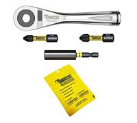 SabreCut 4 Piece MRSC01K1 Mini Micro Ratchet 1/4" Hex Stainless Steel Professional 72 Tooth Gear Hand Ratchet Wrench with 32mm PH2 PZ2 Screwdriver Impact Bits and a Magnetic 60mm Impact Bit Holder