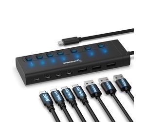 SABRENT Powered USB Hub, USB Hub Powered Docking Station USB Splitter, 7-Port 48W Powered USB C Hub with Switches (HB-3A4C)