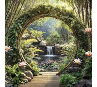 Sabrikas Let Your Creative Spirit Run Free Tropical Moon Gate Waterfall Garden Mural, Tapestry & Curtain Waterproof Outdoor Wall Hanging, Jungle Garden Wall Art & Exotic Fence Decor