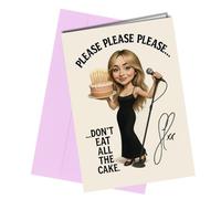 Sabrina Carpenter Autograph Birthday Card - Funny “Please Please Please Don’t Eat All The Cake” Greeting with Reproduction Print | Retro Pop Music Collectible for Men and Women No1964