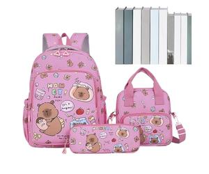 Sac À Dos Capybara Mignon - Lot 3 Pièces (28×13×38 Cm, 565g) - Sac Repas + Trousse - Cartable Scolaire Nylon Léger, Volume, Drôle Et Pratique Pour Filles, Garçons, École, Voyage, Loisirs