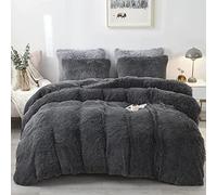 Sacebeleu Dark Grey Duvet Cover Set Super King Size Plush Faux Fur Fluffy Warm Winter Bedding Set,Fleece Quilt Cover 230x260cm with Zipper Closure and 2 Pillowcasaes