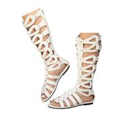 SACFOF Knee High Sandals for Women Gladiator Cut Out Summer Roman Boots Rivets Studded Strappy Zipper Sandals
