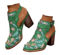 SACFOF - Women's Floral Embroidery Backless Western Classic Wooden Chunky Heel Cowboy Ankle Boots