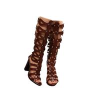 SACFOF Womens Gladiator Sandals Studs Open Toe Chunky High Heel Roman Zipper Sandals Summer Knee High Booties