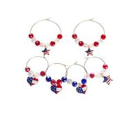 Sacolin 6 American Flag Themed Wine Charms, Colorful Beaded Designs for July 4Th Celebrations, 2 in / 5 Cm Diameter