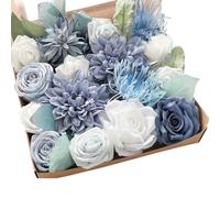 Sacolin Artificial Silk Rose Flower Box, Realistic Assorted Blue White Blooms with Stems, DIY Floral Arrangement Gift Set for Wedding Centerpiece, Home Decor