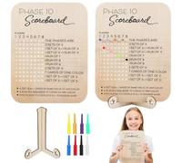 Sacolin Phase 10 Scoreboard, 2 Sets Phase Ten Wooden Score Board, Colorful Pegs with Stands for Eight Players, Family Game Night Essential