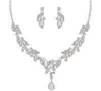 Sacolin Women'S Necklace And Earrings, Silver Jewelry Collection, Leaf And Flower Pattern, Flexible Length, With Zircon Accent, Appropriate As A Gift Or For Formal Ocns