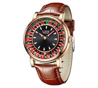 SACOSDING Roulette Wheel Watches for Men with Ball, 45MM Big Face Quartz Analog Casino Themed Watch, 3ATM Waterproof Glowing Brown Leather Men's Wrist Watches, Casual Dress Relojes para Hombres